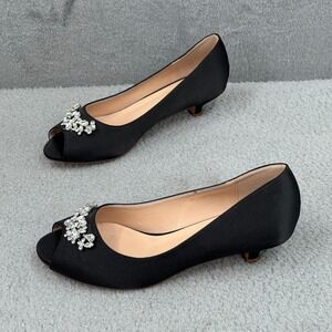 ERIJUNOR Black Satin Rhinestone Peep Toe Kitten Heel Pumps Womens Size 11 Party